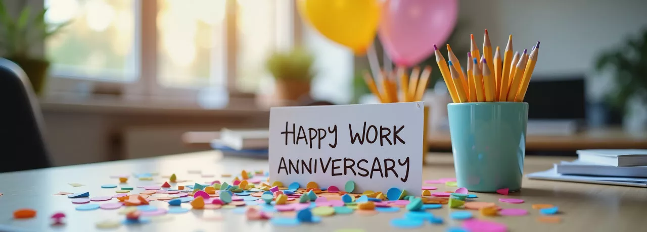 A card on an employee's desk that says "Happy Work Anniversary" to recognize the employee's milestone