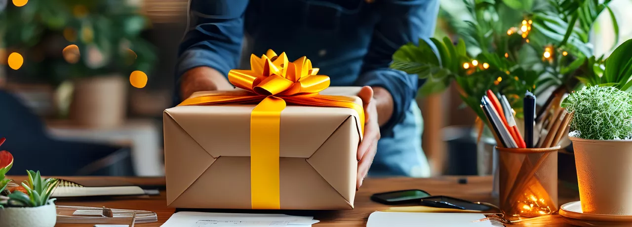 An employee giving their boss a gift on National Boss's Day 