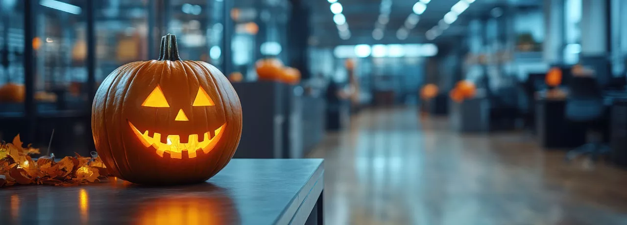 A jack-o-lantern sitting on a desk in an office with Halloween decorations 