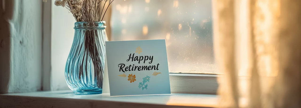 A card that says happy retirement next to a vase with flowers 
