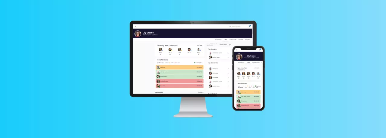 Inspirus Connects manager teams dashboard to track and monitor recognition and engagement activity of team members 