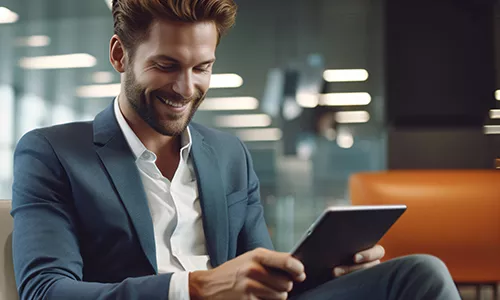 Man smiling at mobile device