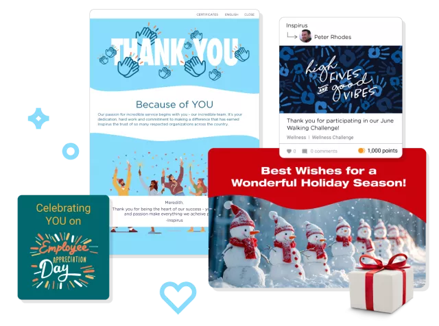 Inspirus Connects employee holiday recognition examples featuring multiple festive eCards for various national holidays and company-wide celebrations.