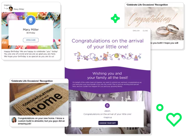 Inspirus Connects life event recognition examples featuring multiple personalized eCards and recognition for birthdays, weddings, and new babies.