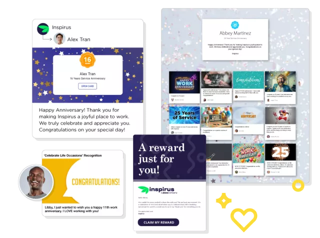 Inspirus Connects employee milestone recognition examples displaying multiple work anniversary eCards and peer messages celebrating employee anniversaries.
