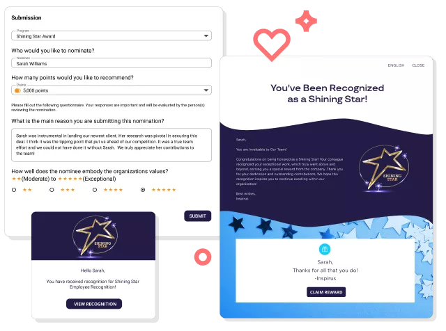 Inspirus Connects nominations program examples showing congratulatory eCards for nominated employees alongside a simple nomination form.