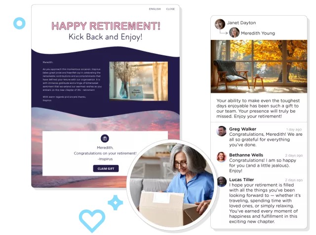 Inspirus Connects retirement recognition examples showing a farewell eCard along with warm peer messages celebrating employees&#039; careers.