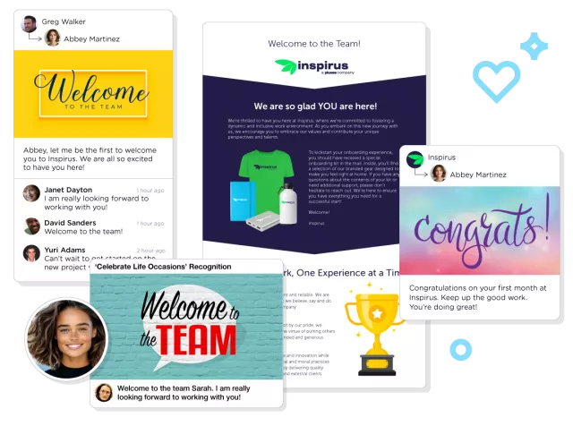Inspirus Connects onboarding recognition examples showing multiple welcome eCards for new hires and peer messages celebrating first day, first week, and first month milestones.