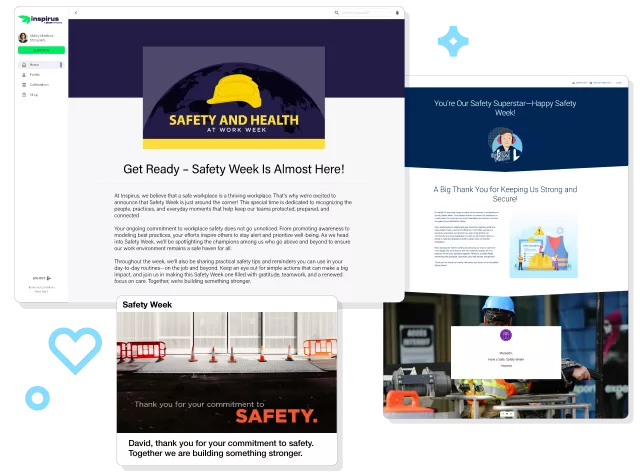 Inspirus Connects safety recognition examples displaying a Spotlight and eCards thanking employees for promoting workplace safety.