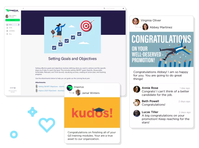 Inspirus Connects learning and development recognition examples displaying recognition from peers and the organization congratulating employees for certifications and career milestones.
