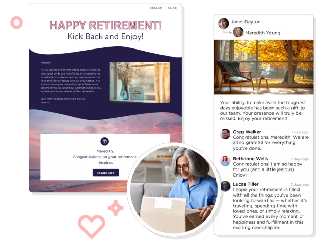 Inspirus Connects retirement recognition examples showing a farewell eCard along with warm peer messages celebrating employees' careers.