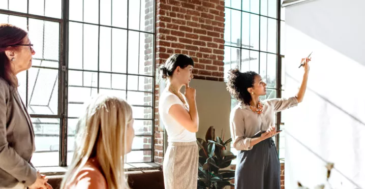 A group of colleagues brainstorming at a white board