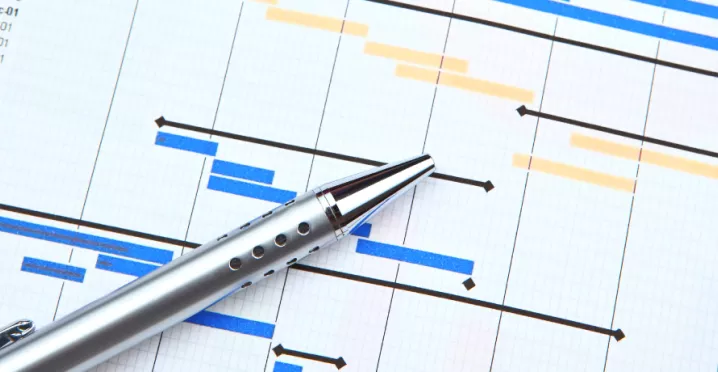 Image shows a pen resting over a printed gantt chart