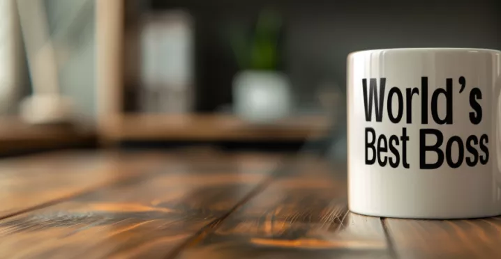 Shows a Boss's Day Message on a mug