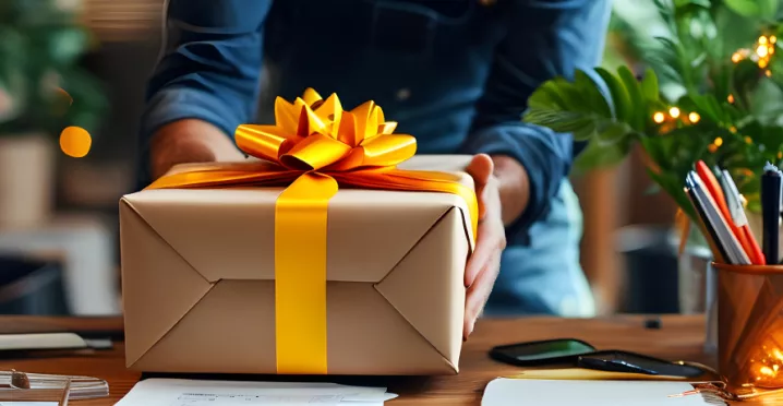 An employee giving their boss a gift on National Boss's Day