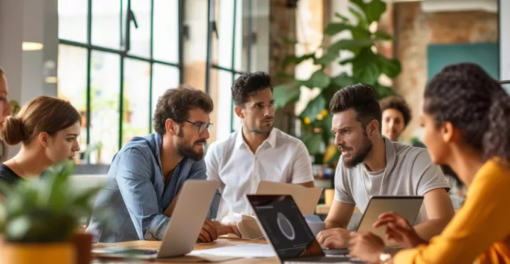 Team discussing at a table about strategies to improve employee engagement
