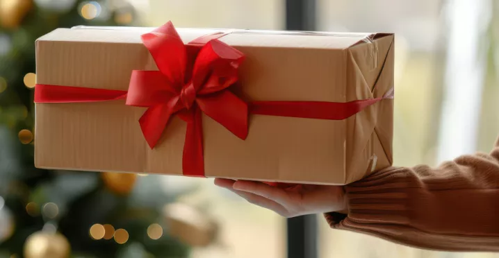 An employer gifting their employee a holiday gift