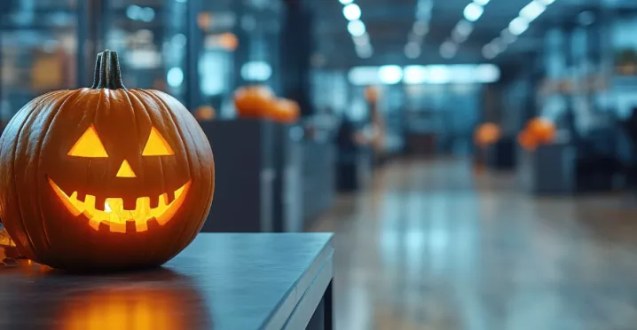 A jack-o-lantern sitting on a desk in an office with Halloween decorations