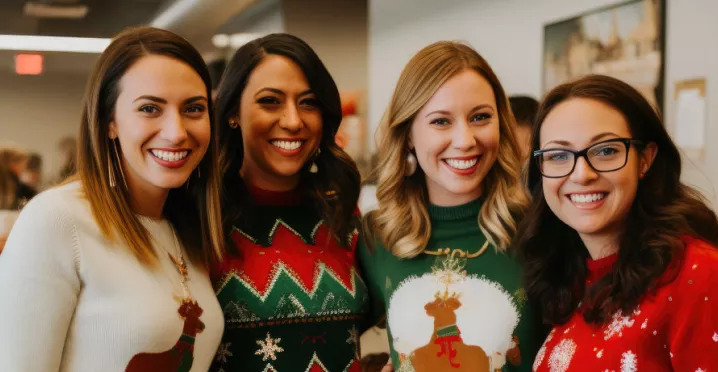 Employees smiling during a holiday team building activity