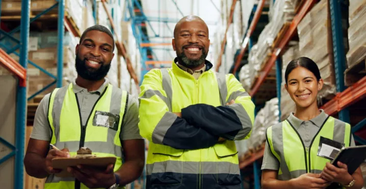 Three offline employees smiling