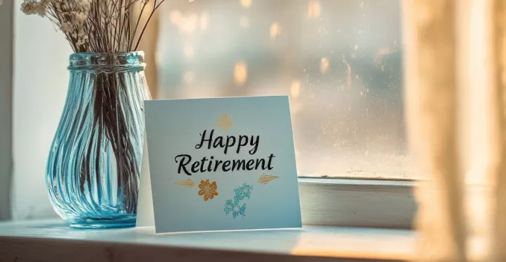 A card that says happy retirement next to a vase with flowers
