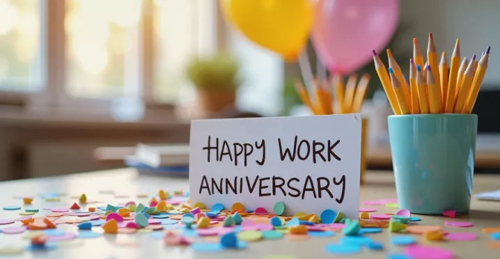 A card on an employee's desk that says "Happy Work Anniversary" to recognize the employee's milestone