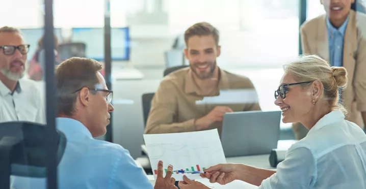 coworkers discussing results
