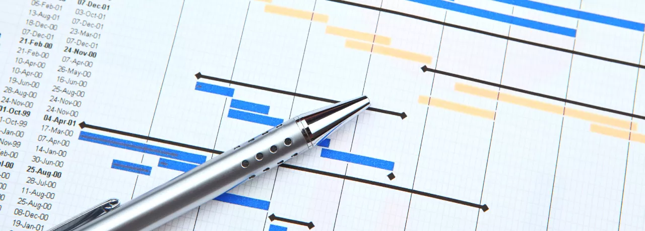 Image shows a pen resting over a printed gantt chart
