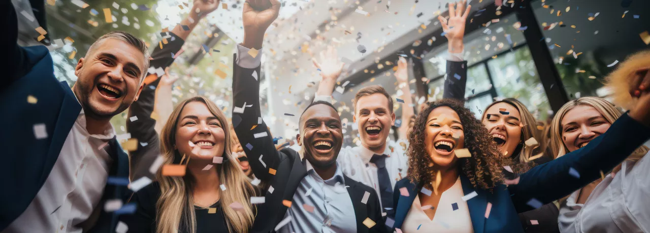 Image shows how a group of employees celebrating with confetti falling around them.