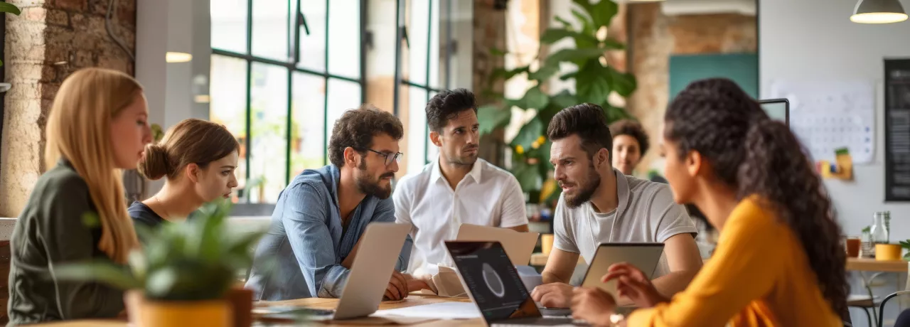 Team discussing at a table about strategies to improve employee engagement
