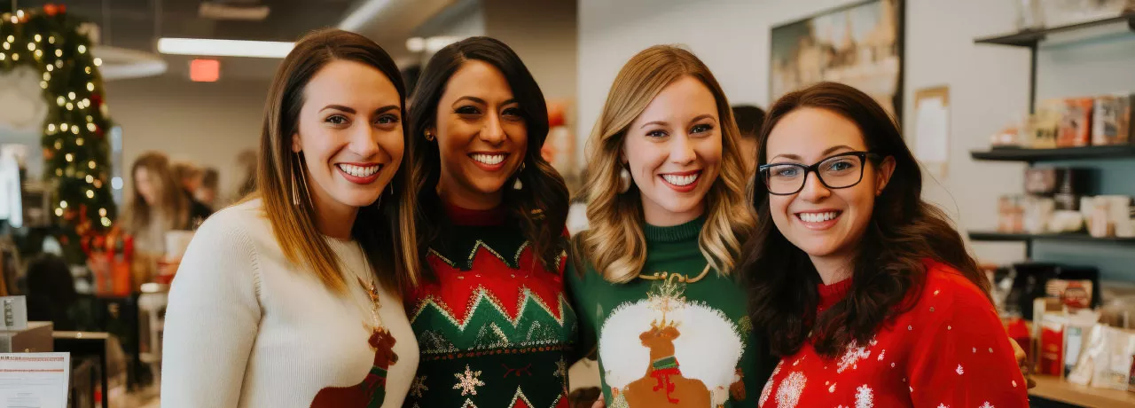 Employees smiling during a holiday team building activity