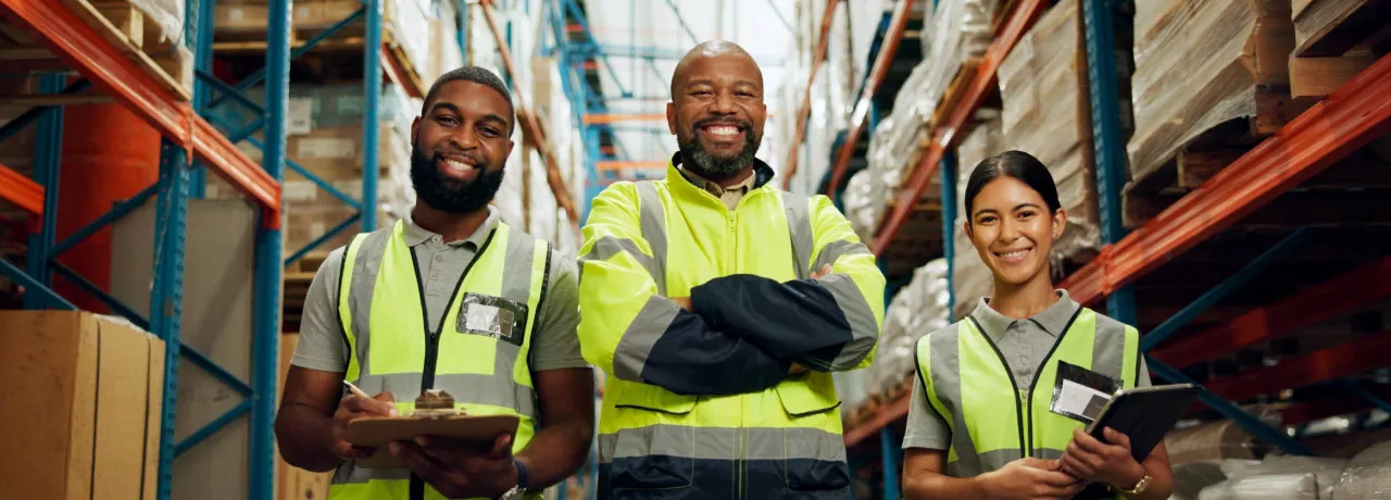 Three offline employees smiling