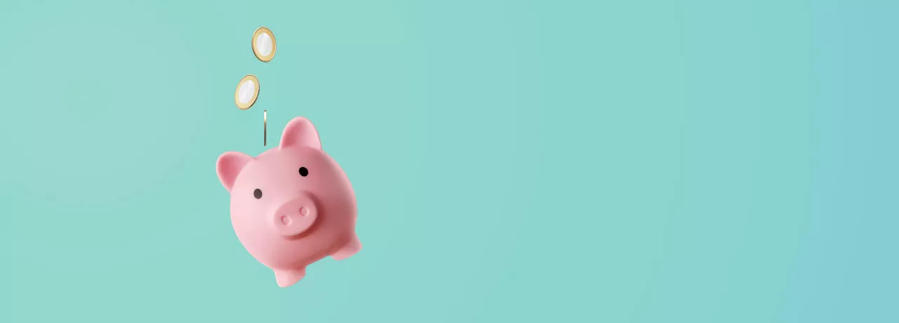 Shows a piggy bank with coins floating above it