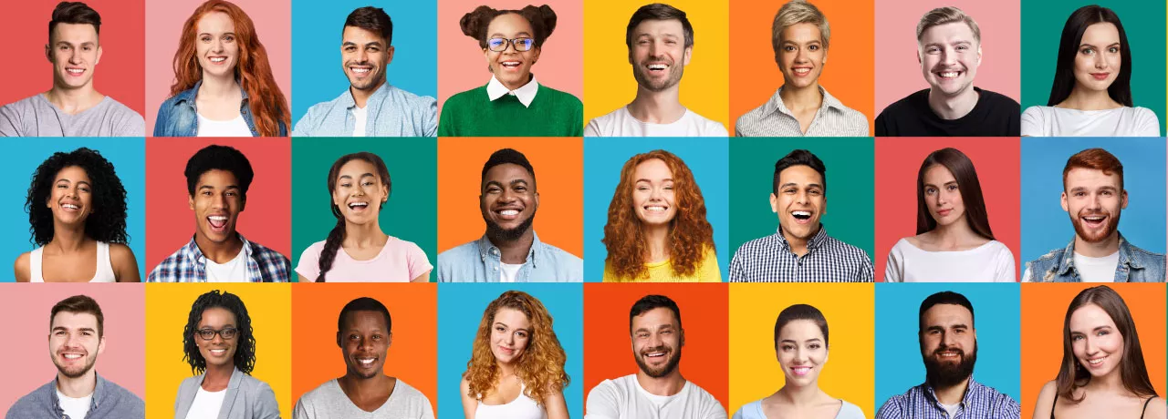 A grid with smiling employees across the generations