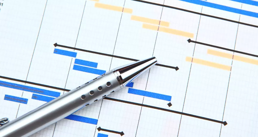 Image shows a pen resting over a printed gantt chart