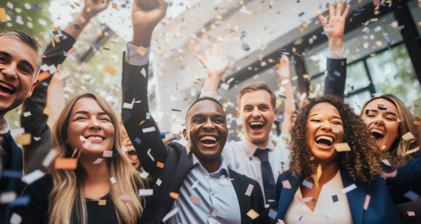 Image shows how a group of employees celebrating with confetti falling around them.
