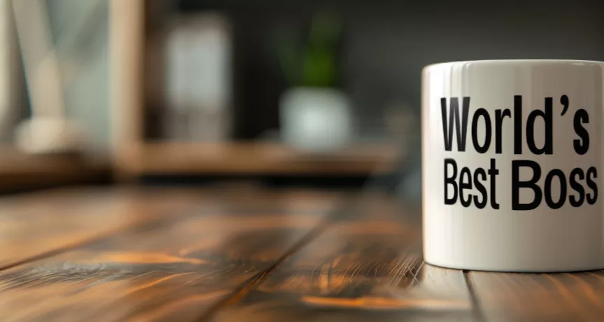 Shows a Boss's Day Message on a mug