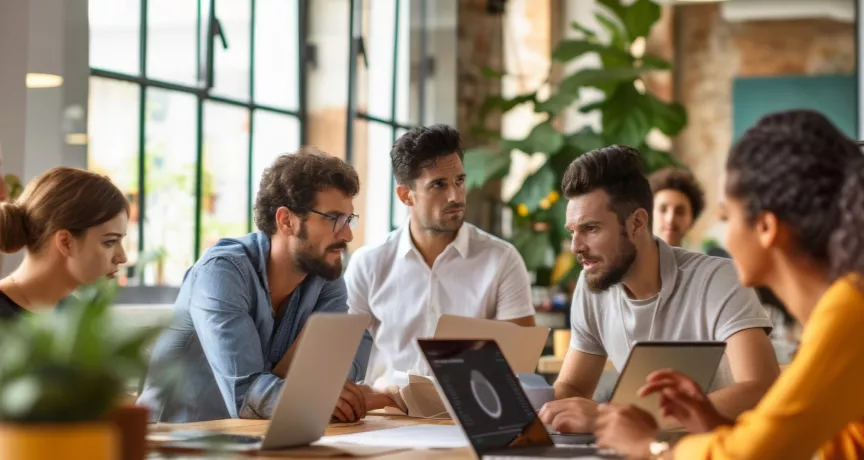 Team discussing at a table about strategies to improve employee engagement