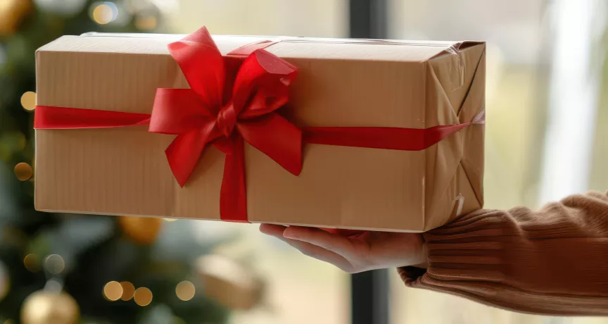 An employer gifting their employee a holiday gift