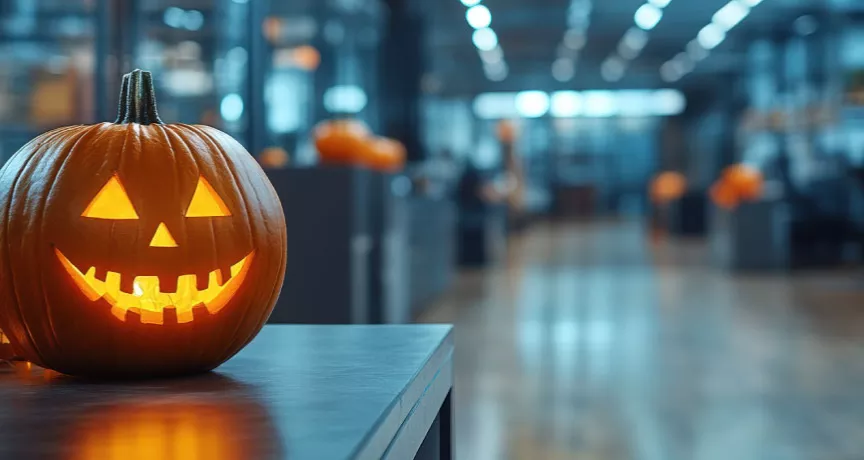 A jack-o-lantern sitting on a desk in an office with Halloween decorations