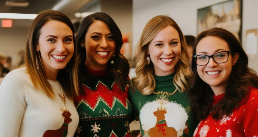 Employees smiling during a holiday team building activity