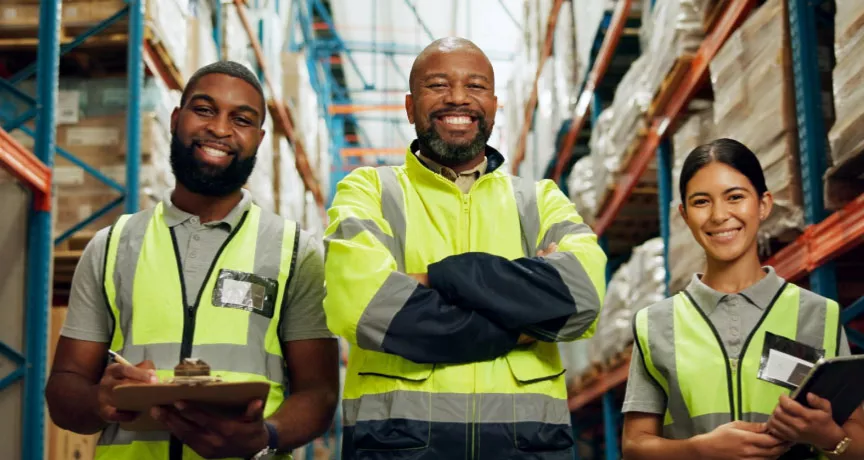 Three offline employees smiling