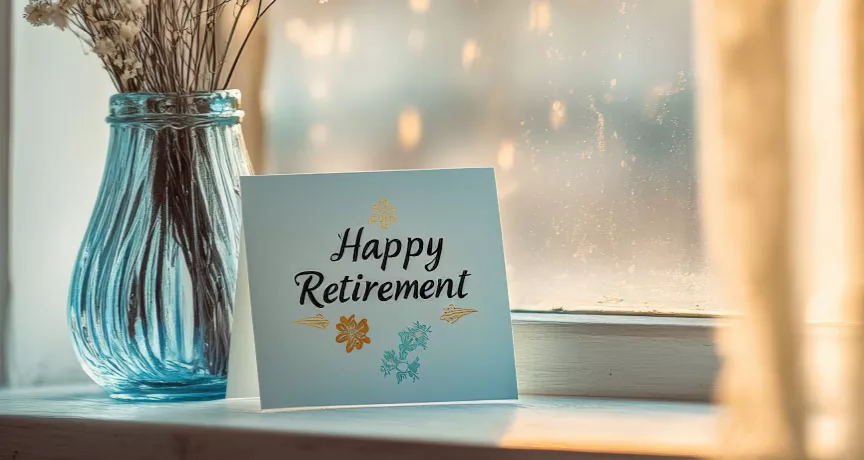 A card that says happy retirement next to a vase with flowers