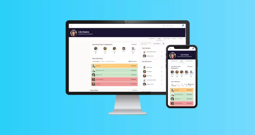 Inspirus Connects manager teams dashboard to track and monitor recognition and engagement activity of team members