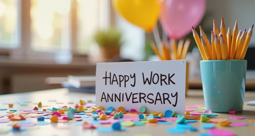 A card on an employee's desk that says "Happy Work Anniversary" to recognize the employee's milestone
