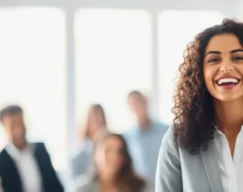 Shows a woman smiling at the camera with colleagues behind her