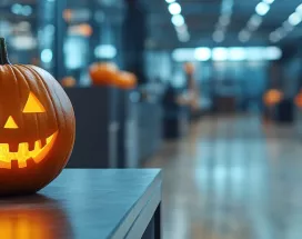A jack-o-lantern sitting on a desk in an office with Halloween decorations