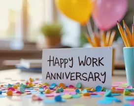 A card on an employee's desk that says "Happy Work Anniversary" to recognize the employee's milestone