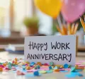 A card on an employee's desk that says "Happy Work Anniversary" to recognize the employee's milestone