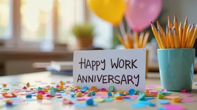 A card on an employee's desk that says "Happy Work Anniversary" to recognize the employee's milestone